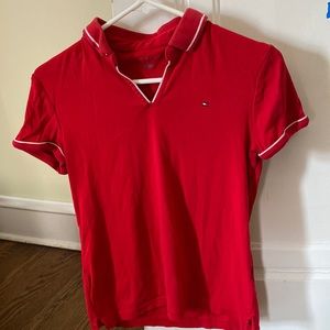red v-neck shirt. tommy hilfiger size: S